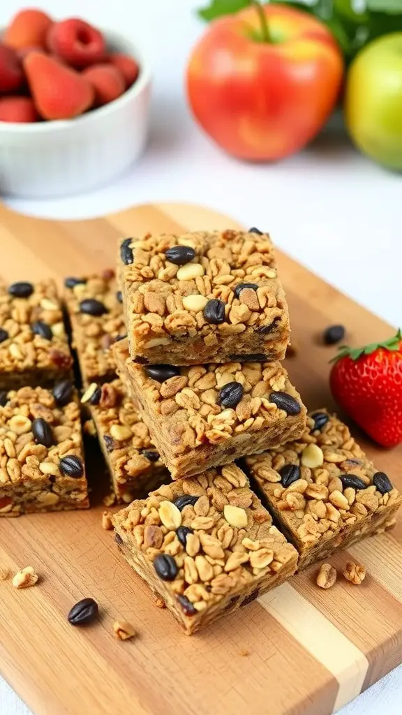 Nutty granola bars stacked on a wooden cutting board with fresh fruits in the background.