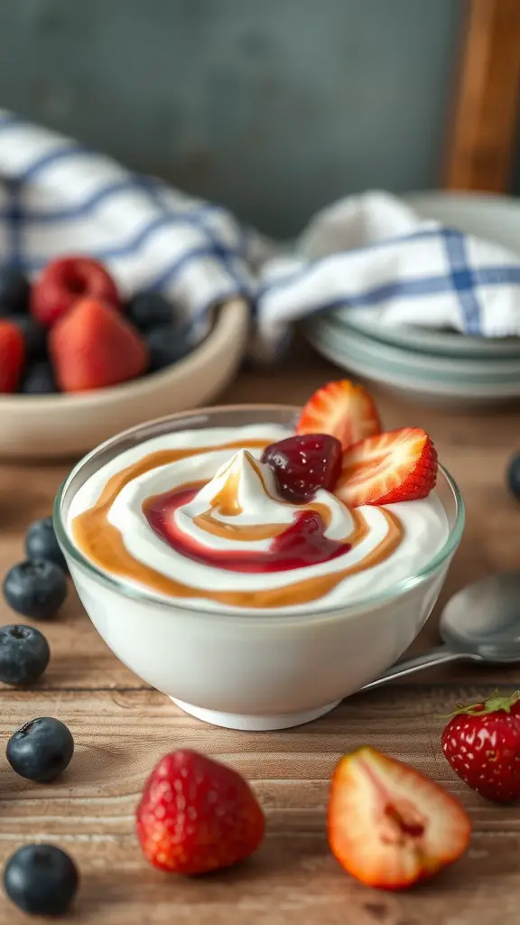 A bowl of Greek yogurt topped with nut butter, jelly, and fresh strawberries and blueberries.