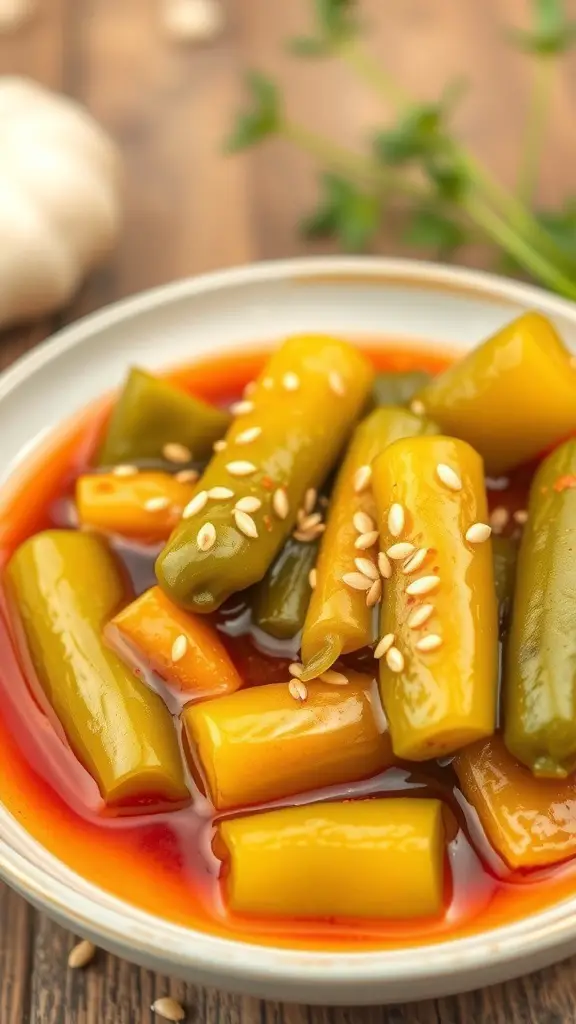 A bowl of sweet and sour garlic pickles with vibrant colors and sesame seeds on top.