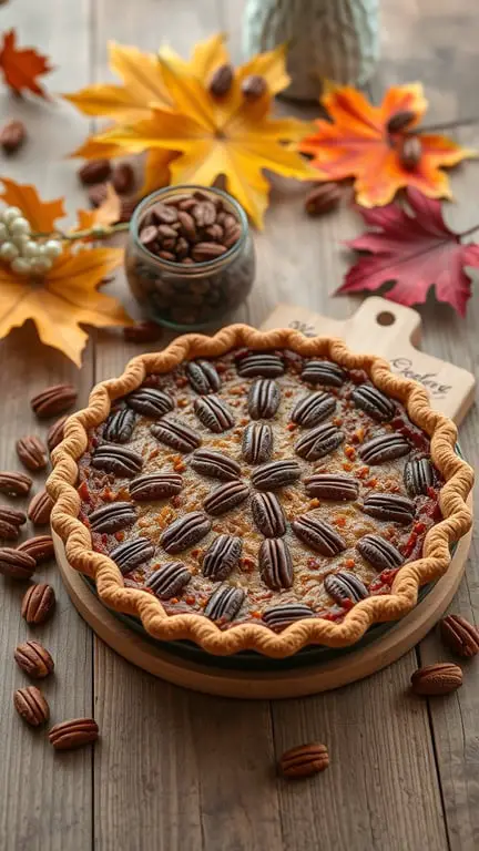 A freshly baked maple pecan pie with a golden crust and pecan topping, surrounded by autumn leaves and nuts.