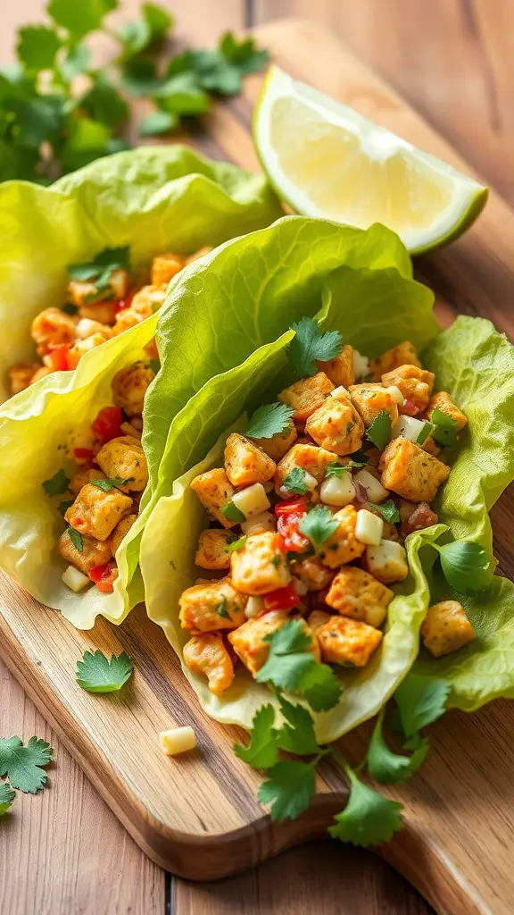Curried chicken salad lettuce wraps with lime and cilantro on a wooden board