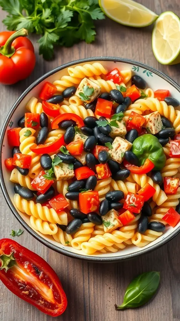 A bowl of Salsa Verde Pasta Salad with colorful ingredients including pasta, black beans, and red peppers.