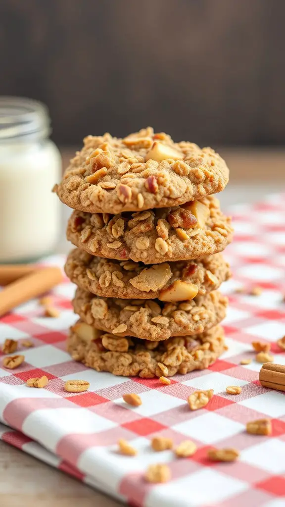 A stack of apple cinnamon oatmeal cookies on a checkered tablecloth with a glass of milk