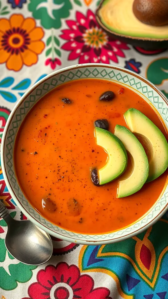 A bowl of Sweet Potato and Black Bean Soup with avocado slices on top, set against a colorful floral tablecloth.
