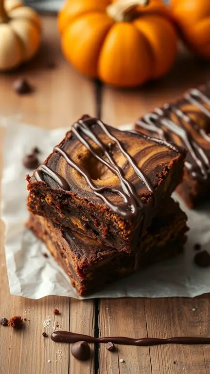 Delicious chocolate pumpkin swirl brownies stacked with pumpkins in the background.