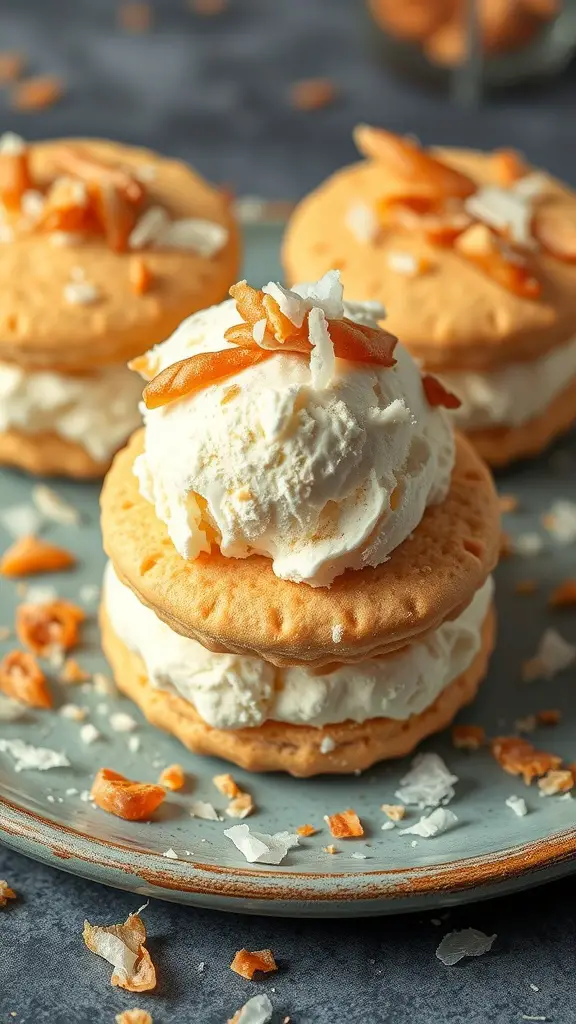 Coconut macaroon ice cream sandwiches on a plate with coconut flakes