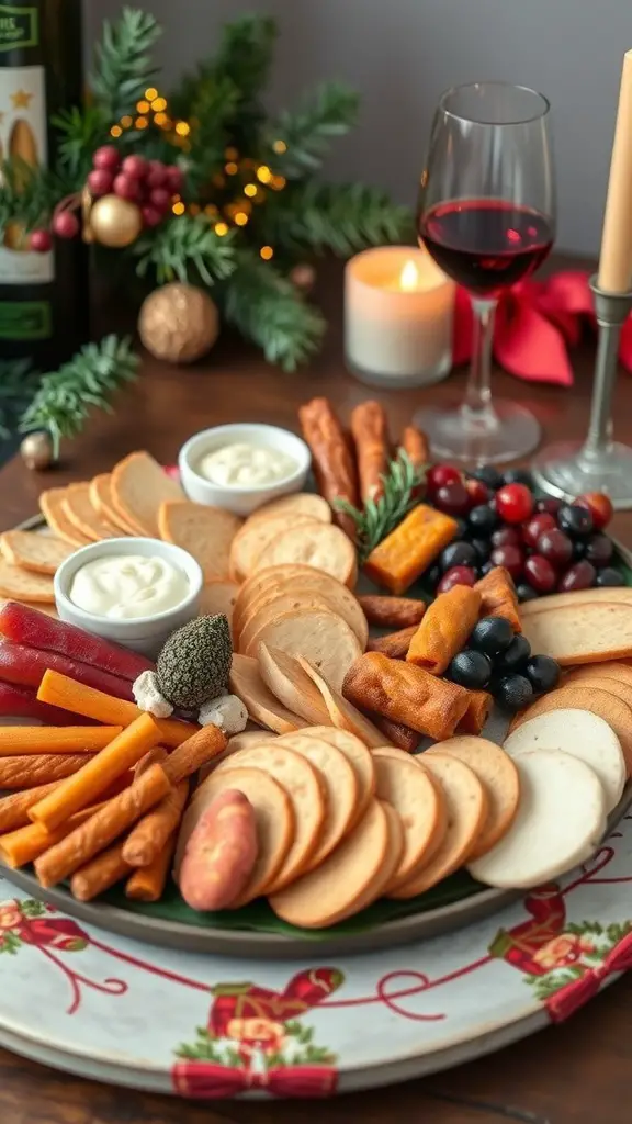 A festive Christmas charcuterie board with meats, cheeses, fruits, and dips, surrounded by holiday decorations.