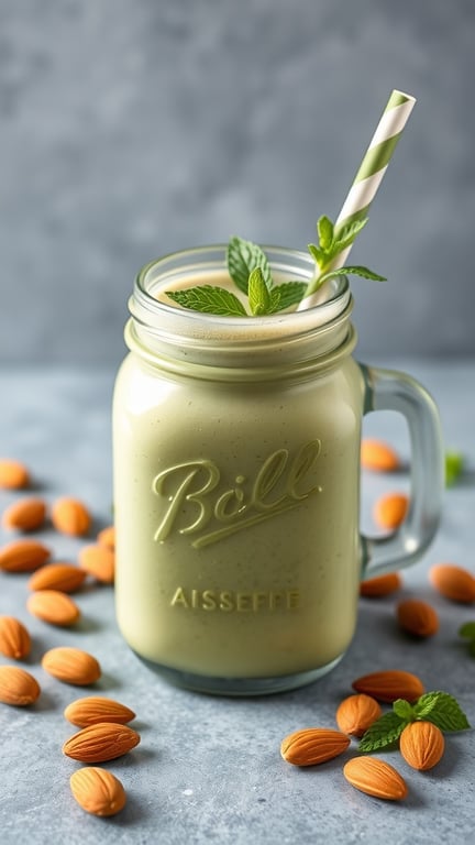 A refreshing matcha almond milk smoothie in a glass jar, garnished with mint leaves and surrounded by almonds.