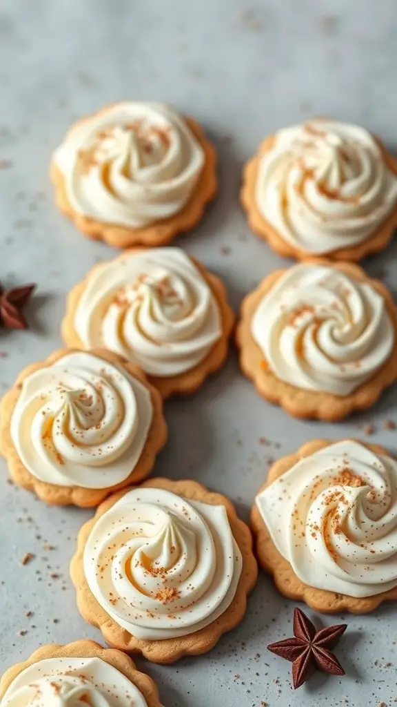 Chai latte cookies with frosting swirls and a sprinkle of cinnamon