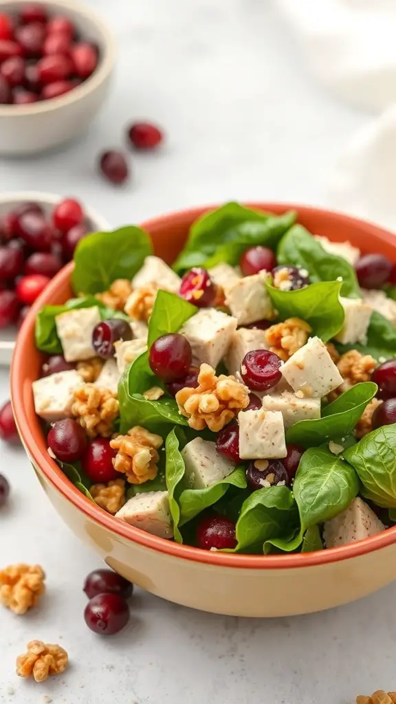 A bowl of Cranberry Walnut Chicken Salad with spinach, chicken cubes, walnuts, and cranberries.