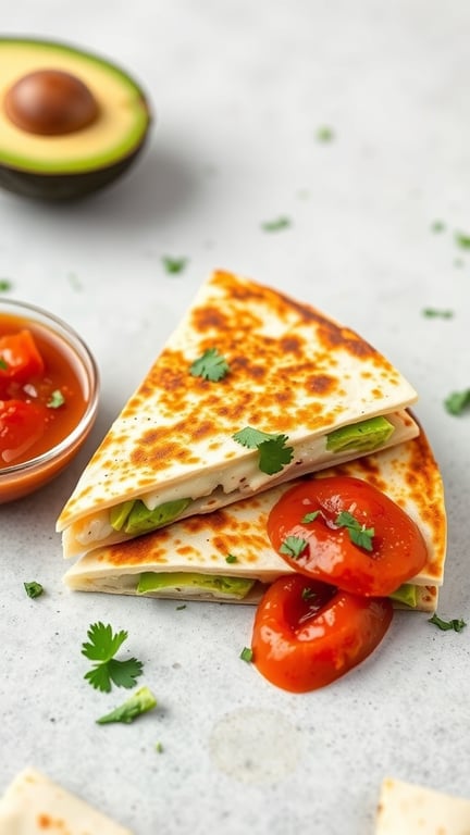 Boursin cheese quesadilla with avocado, garnished with cilantro and served with salsa.