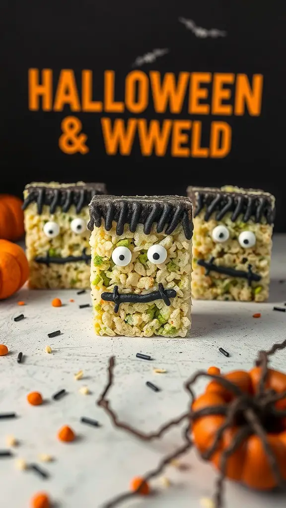 Three Frankenstein Rice Crispy Treats with candy eyes and chocolate hair, surrounded by Halloween decorations.