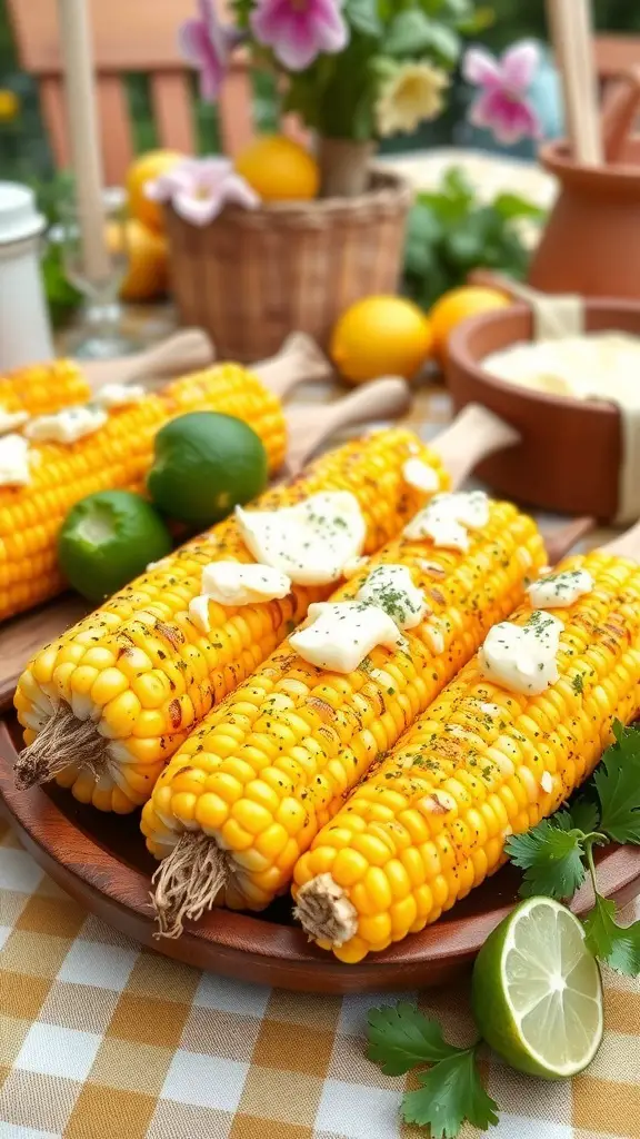 Grilled corn on the cob with lime butter, garnished with herbs, served on a wooden plate with lime slices.