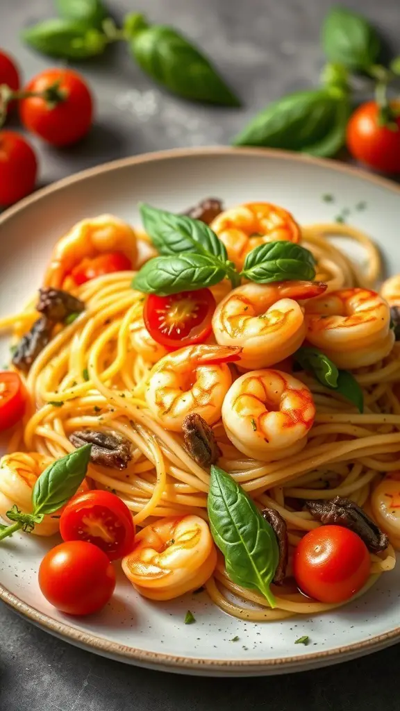 A plate of Tequila Lime Shrimp Pasta with shrimp, basil, and cherry tomatoes.