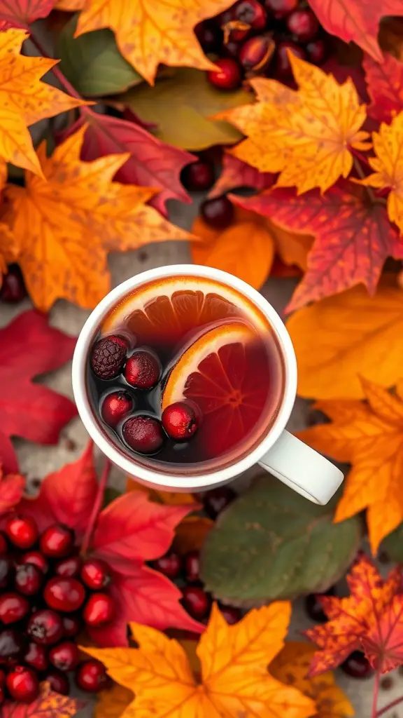 A cozy cup of cranberry orange coffee blend surrounded by colorful autumn leaves and cranberries.