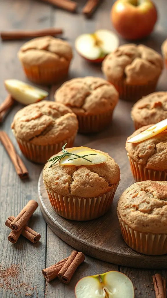 A plate of freshly baked apple cinnamon muffins with cinnamon sticks and apple slices.