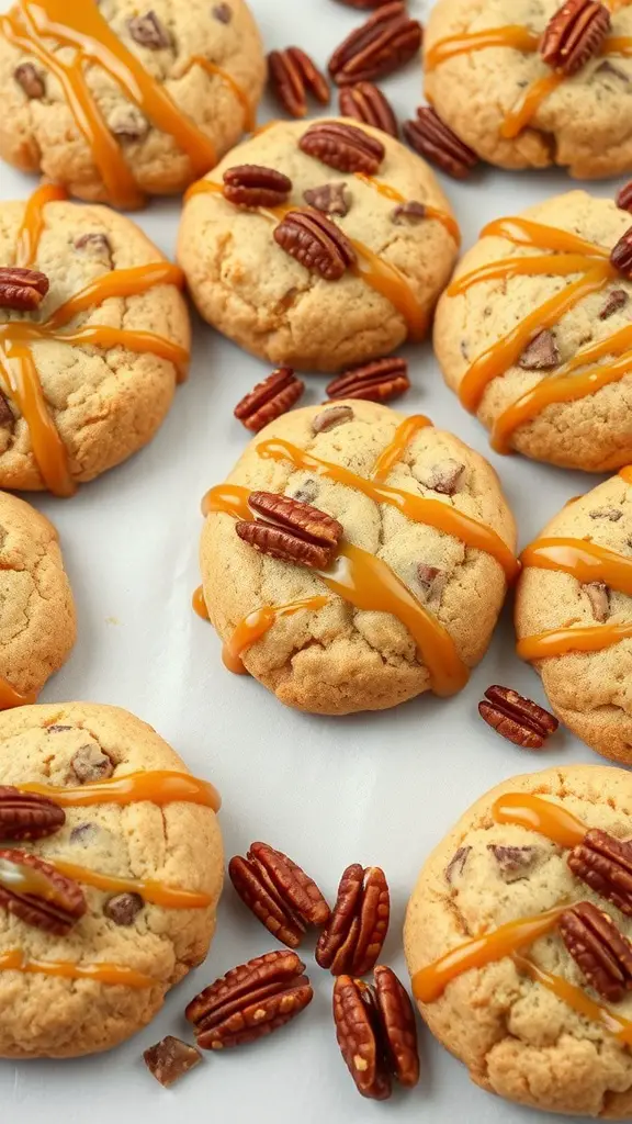 Butterscotch pecan cookies with caramel drizzle and pecans scattered around