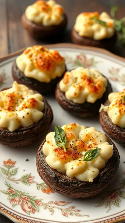 Delicious Boursin cheese stuffed mushrooms on a decorative plate.