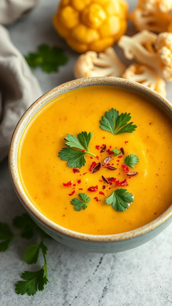 A bowl of curried cauliflower soup garnished with cilantro and chili flakes, with cauliflower florets and a decorative gourd in the background.