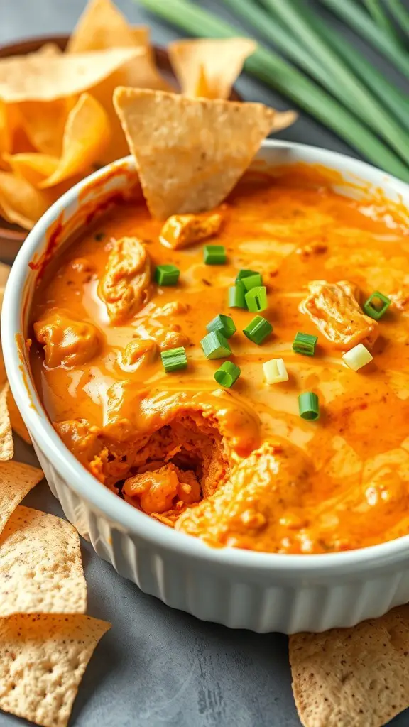 A creamy Buffalo Chicken Dip in a white dish, garnished with green onions, surrounded by tortilla chips.