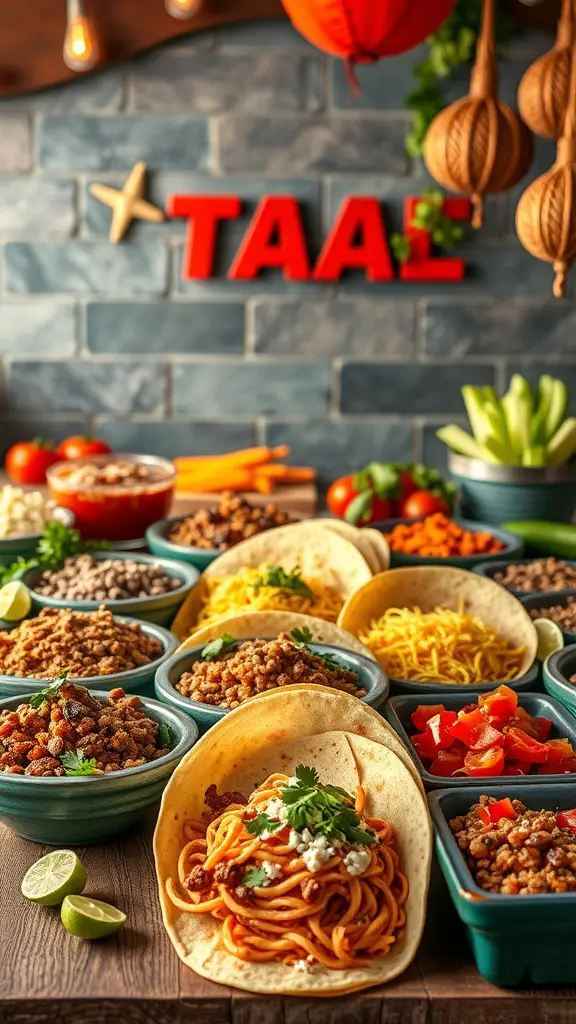 A colorful taco bar featuring various toppings and ingredients for making tacos.