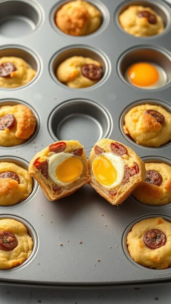 A muffin tin filled with breakfast sausage and egg muffins, some whole and one cut in half showing a runny yolk.