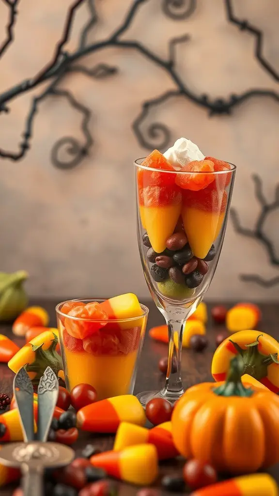 Colorful candy corn fruit cups with layers of fruit resembling candy corn, surrounded by Halloween decorations.