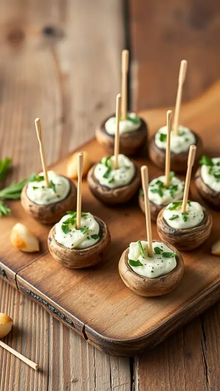 A wooden platter with stuffed mushroom caps topped with creamy filling and garnished with herbs, each secured with a toothpick.