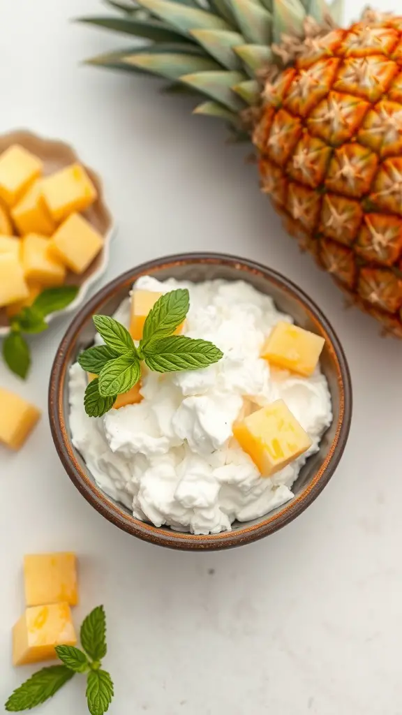 A bowl of cottage cheese topped with pineapple chunks and mint leaves, with a whole pineapple and additional pineapple cubes in the background.