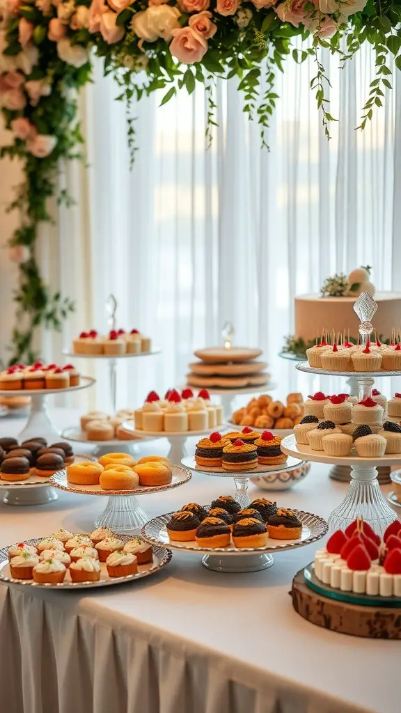 A beautifully arranged bridal shower dessert table featuring various sweets like cupcakes, cheesecakes, and cookies, decorated with flowers.