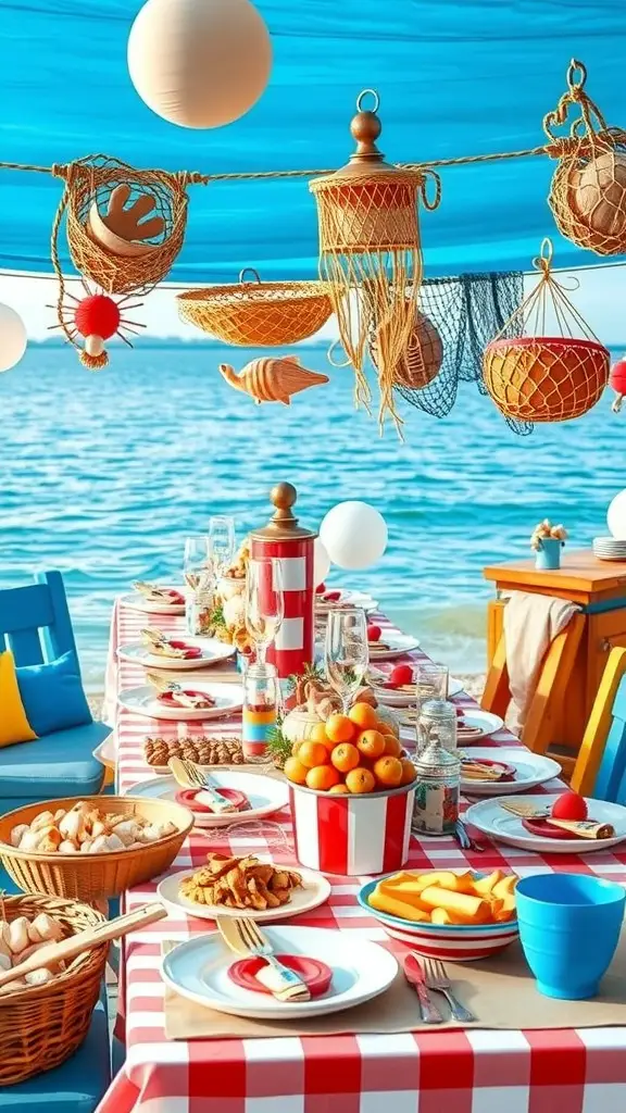 A beautifully decorated seafood boil party table by the beach with colorful tableware and hanging nautical decor.