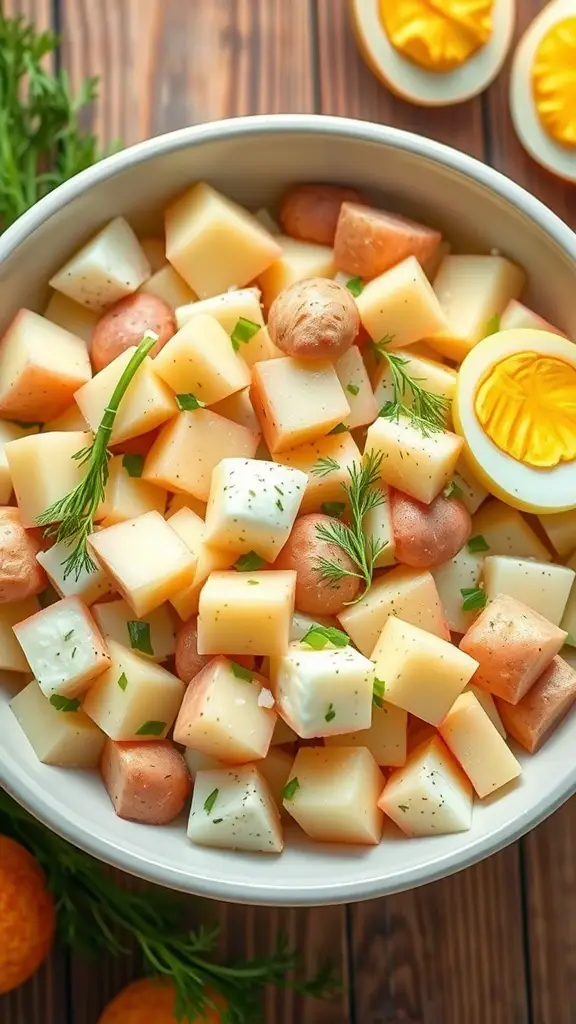 A bowl of potato salad with dill, featuring diced potatoes, herbs, and hard-boiled eggs, set on a wooden table.