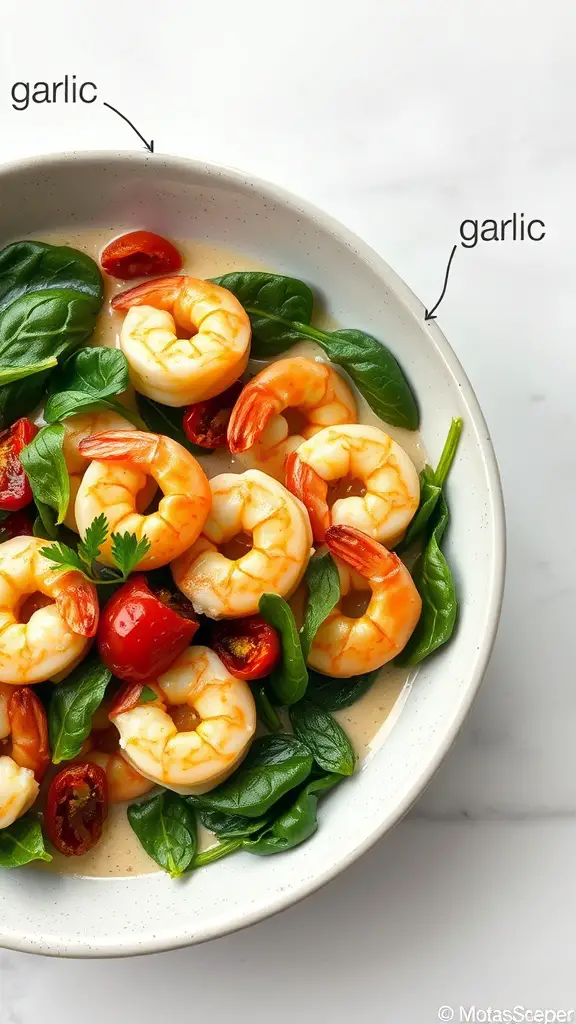 A bowl of creamy Tuscan garlic shrimp with spinach and cherry tomatoes
