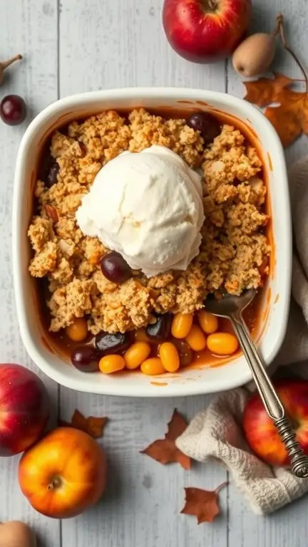 A warm harvest fruit crumble topped with vanilla ice cream, surrounded by fresh apples and autumn leaves.