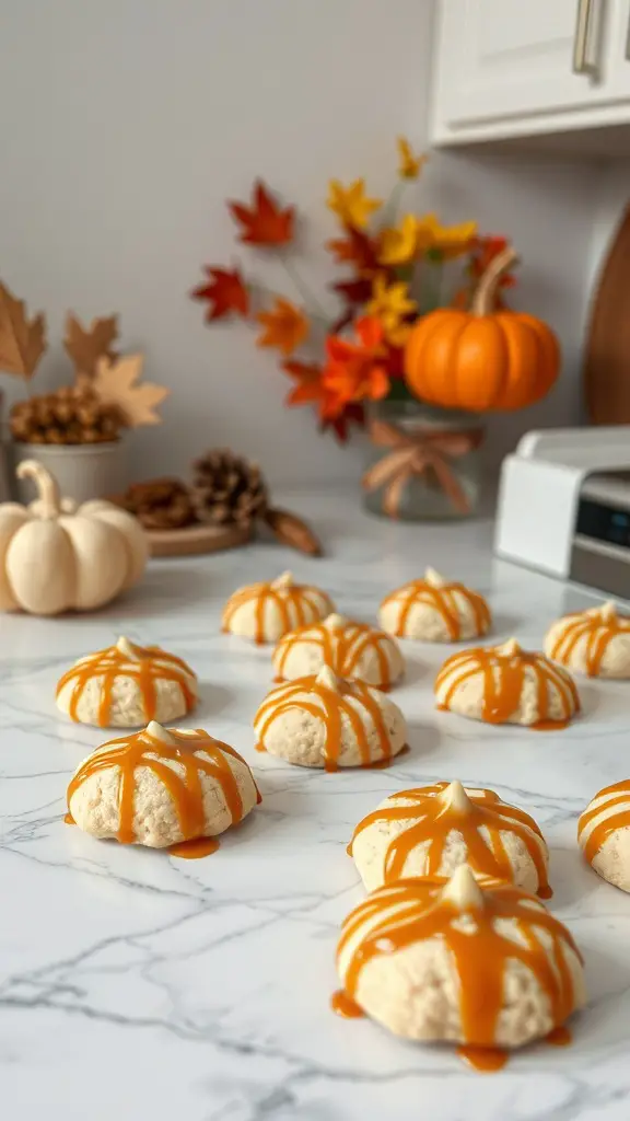 A plate of caramel drizzle sugar cookies with autumn decorations in the background.