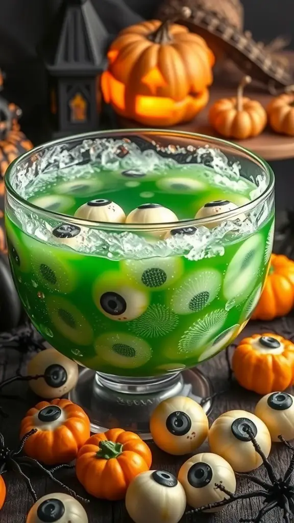 A spooky green punch with eyeball candies, surrounded by small pumpkins and Halloween decorations.