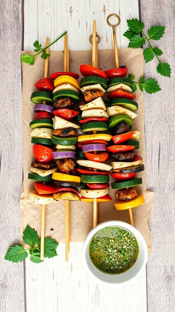 Colorful grilled vegetable skewers with herb marinade on a wooden surface