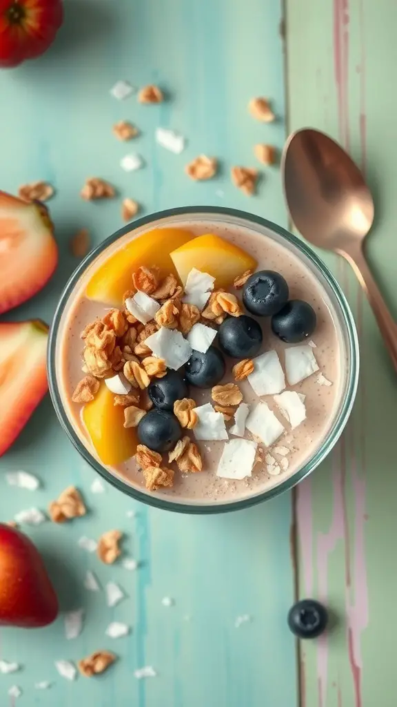 A colorful smoothie bowl topped with granola, blueberries, mango slices, and coconut flakes, with strawberries and granola scattered around.