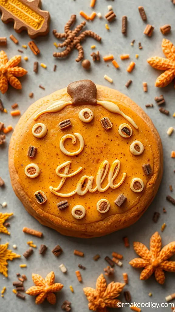 Decorated pumpkin spice cookie with fall theme, featuring icing and colorful decorations.