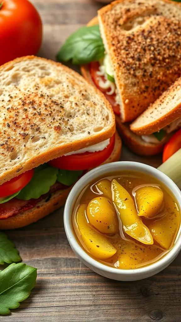 A bowl of garlic pickle relish next to two sandwiches with fresh ingredients.