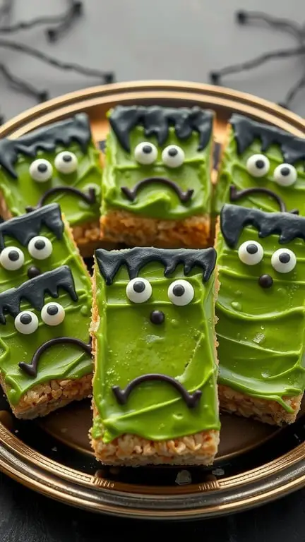 A plate of Frankenstein Rice Krispie Treats with green frosting and candy eyes.