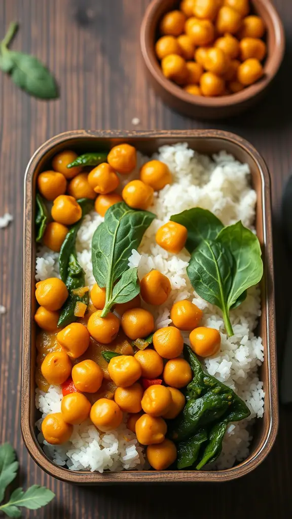 Bento box with curry chickpeas, spinach, and rice