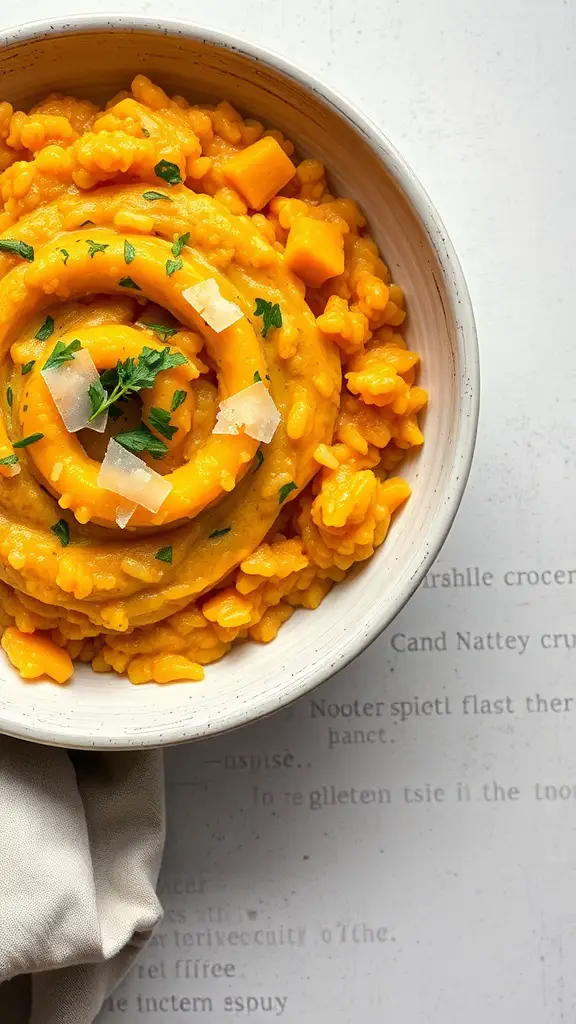 A bowl of butternut squash risotto with a swirl of squash puree and garnished with parsley and cheese.
