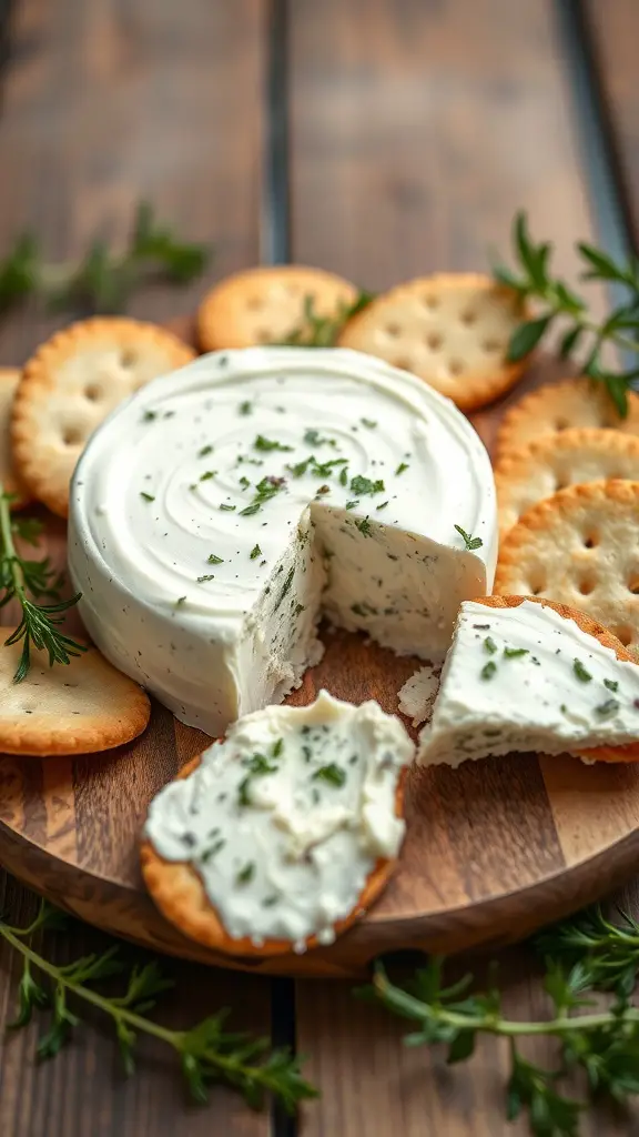 A herbed cream cheese spread on a wooden platter with crackers and fresh herbs.