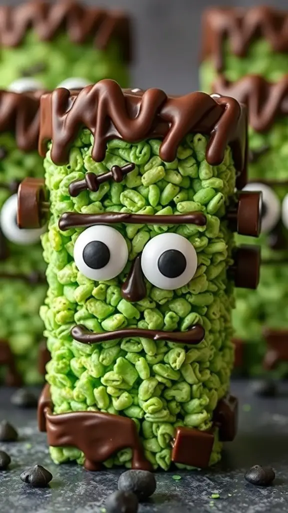 Frankenstein Rice Krispie Treats decorated with chocolate and candy