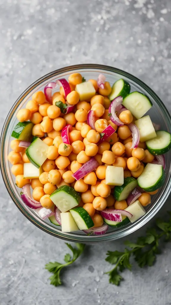 A bowl of chickpea salad with cucumbers and red onions