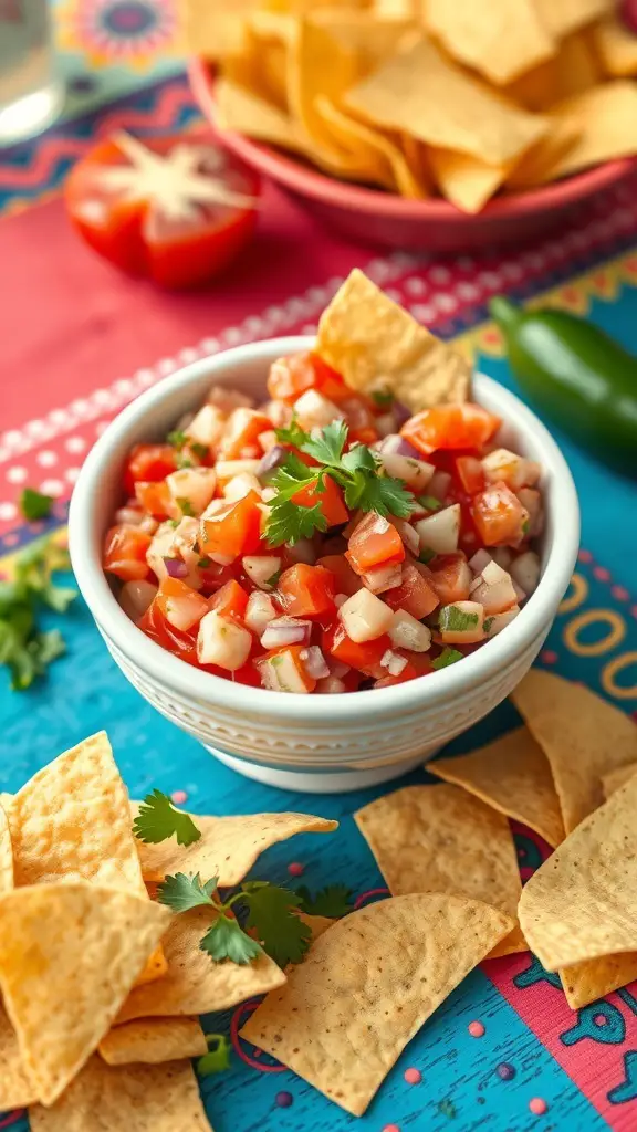A bowl of Pico de Gallo with tortilla chips on a colorful table