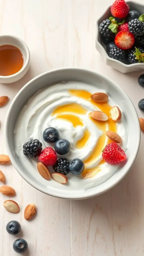 A bowl of Greek yogurt topped with honey, almonds, and fresh berries.