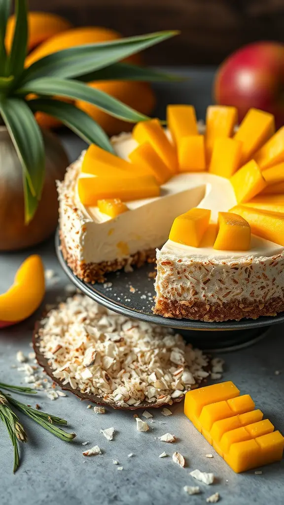A Mango Coconut No Bake Cheesecake topped with mango pieces, displayed on a plate with coconut flakes and fresh mango slices around it.