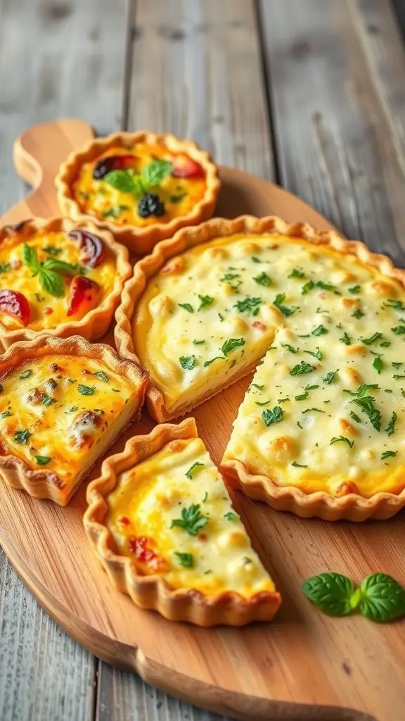 An assortment of savory quiches on a wooden board, showcasing different flavors and toppings.